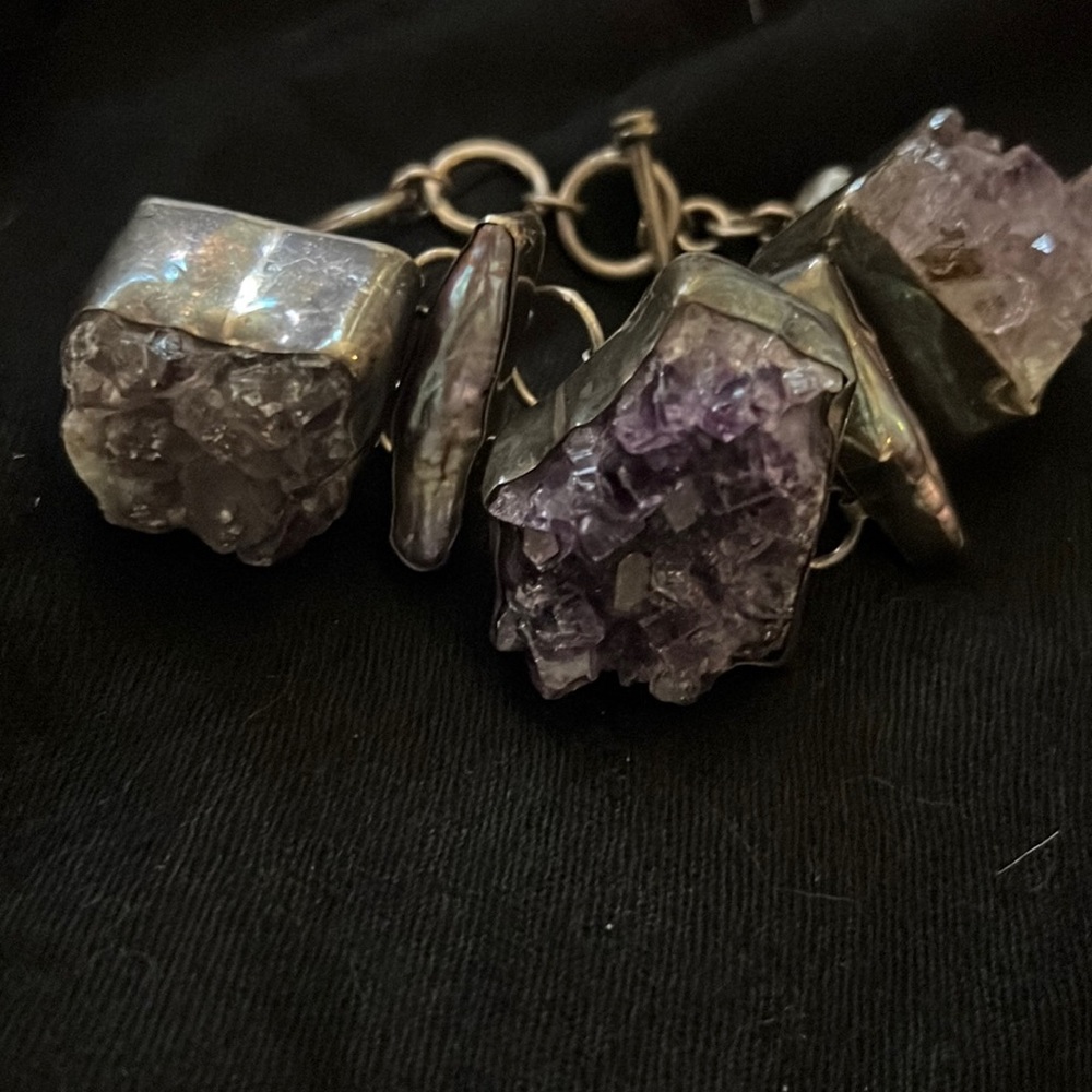 purple  raw amethyst  stone bracelet set in silver